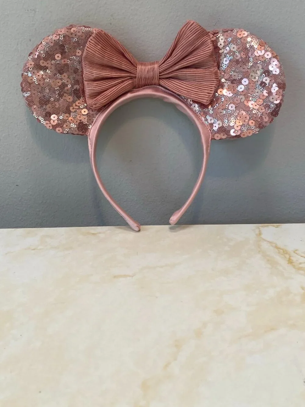 Disney Minnie Mouse Dusty Pink Nude Sequin Ears Bow Headband